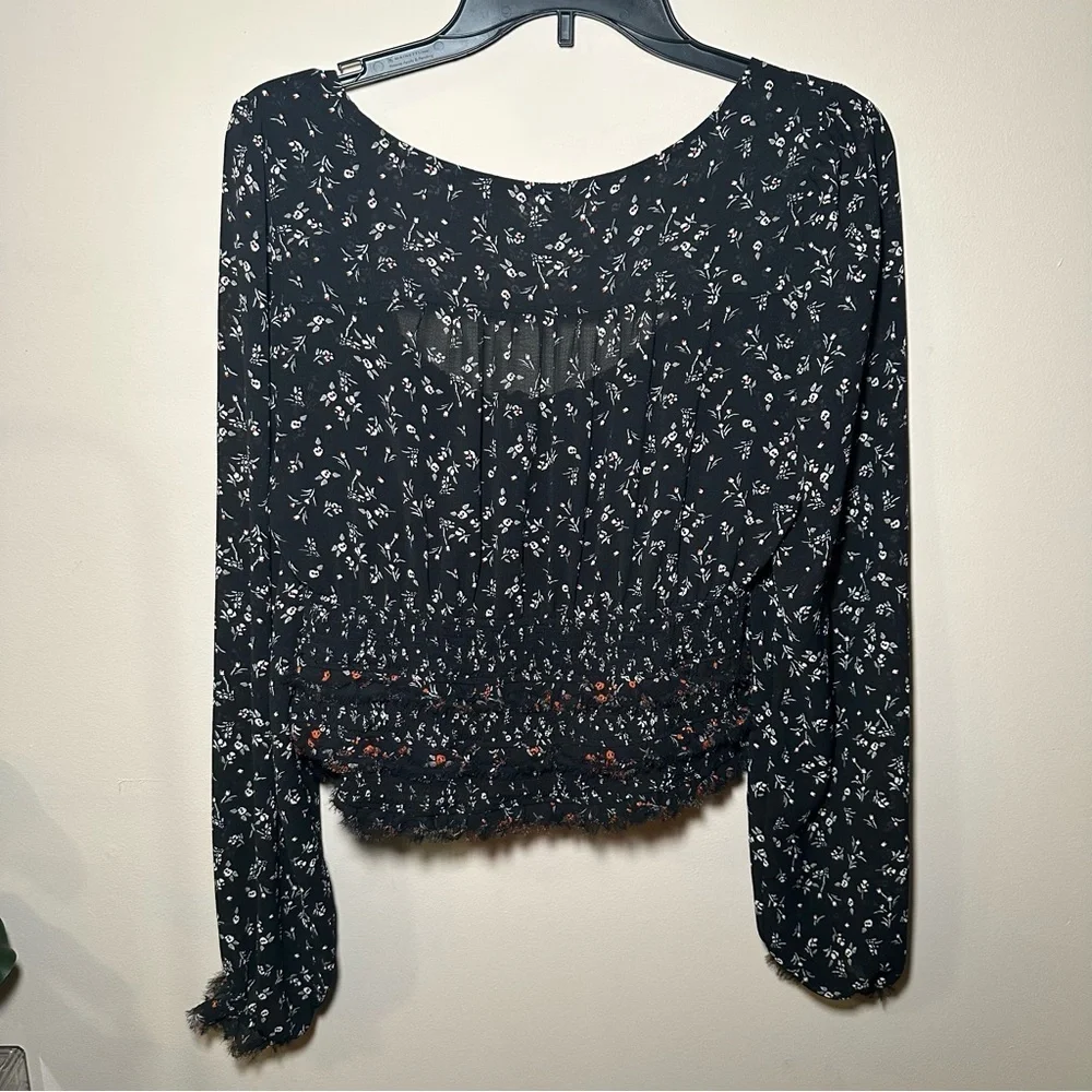 Free People Floral Black Women's Smocked Ruffled Cutout Front Tie Blouse Large